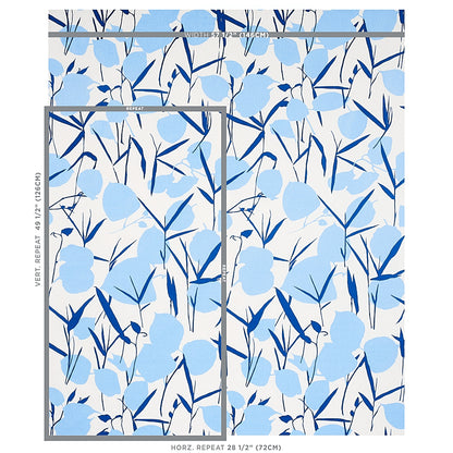 White fabric with light blue floral shapes and dark navy stems; airy botanical print for clothing or decor.