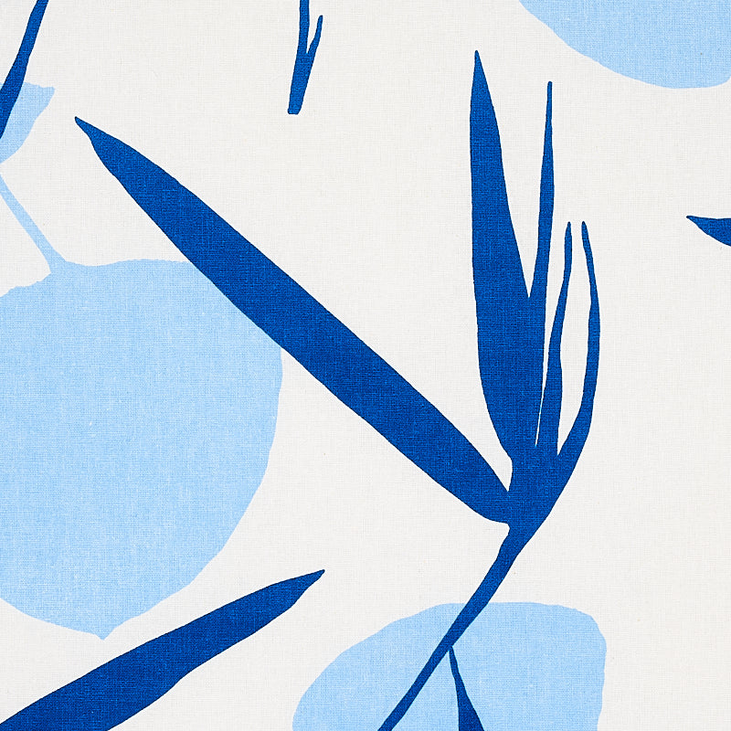 Blue abstract botanical print with navy and sky blue leaves on light fabric background.