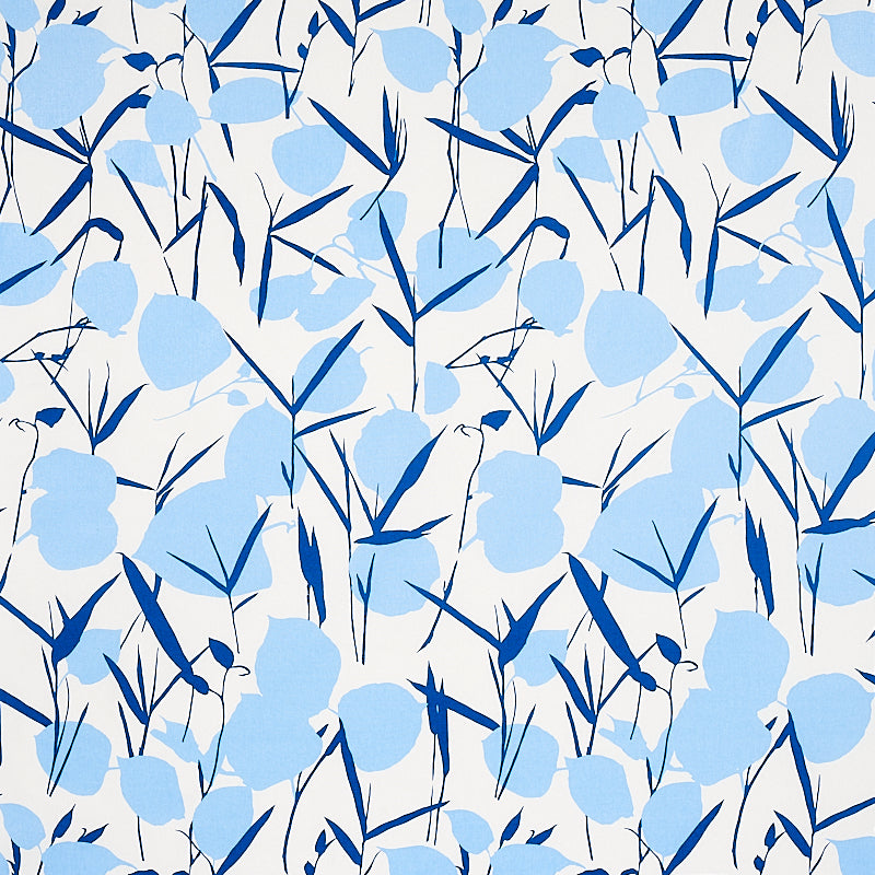 Blue floral print with light sky-blue petals and navy stems on a pale background