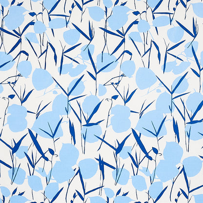 Blue floral print with light sky-blue petals and navy stems on a pale background