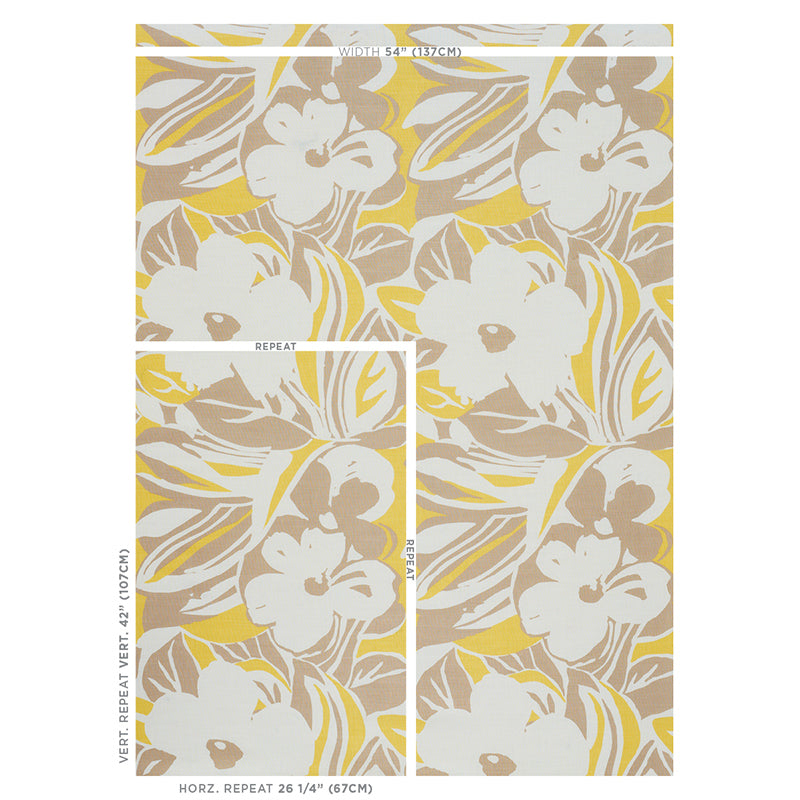 White hibiscus blossoms with yellow and taupe leaves on beige tropical floral print; repeat textile swatch.