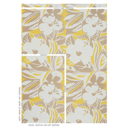 White hibiscus blossoms with yellow and taupe leaves on beige tropical floral print; repeat textile swatch.