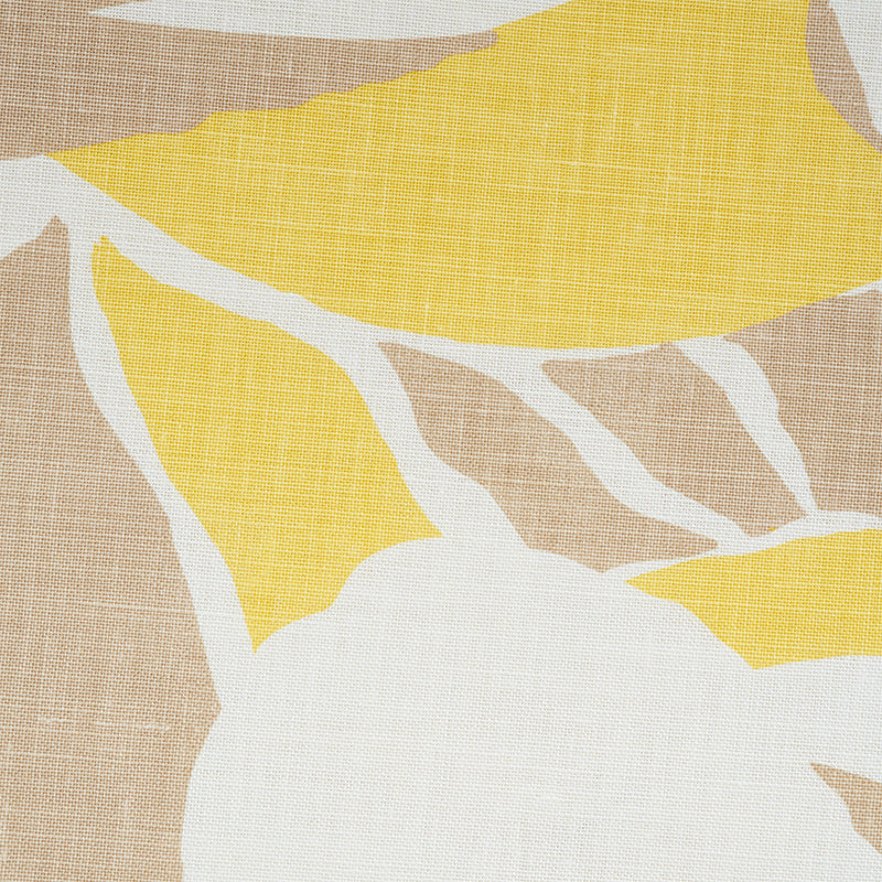 Abstract linen fabric with beige background and bold yellow and white floral motifs.