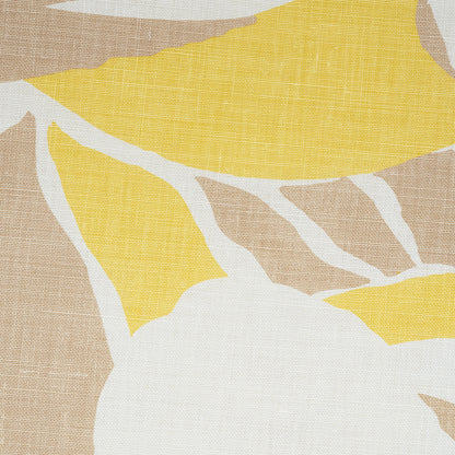 Abstract linen fabric with beige background and bold yellow and white floral motifs.