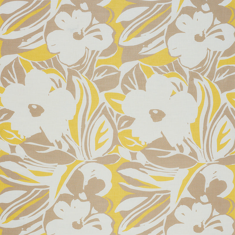 Bold floral print on beige fabric with white hibiscus-like flowers, taupe leaves, and yellow accents.