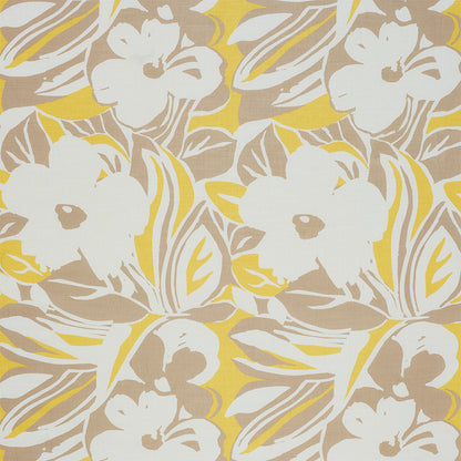 Bold floral print on beige fabric with white hibiscus-like flowers, taupe leaves, and yellow accents.
