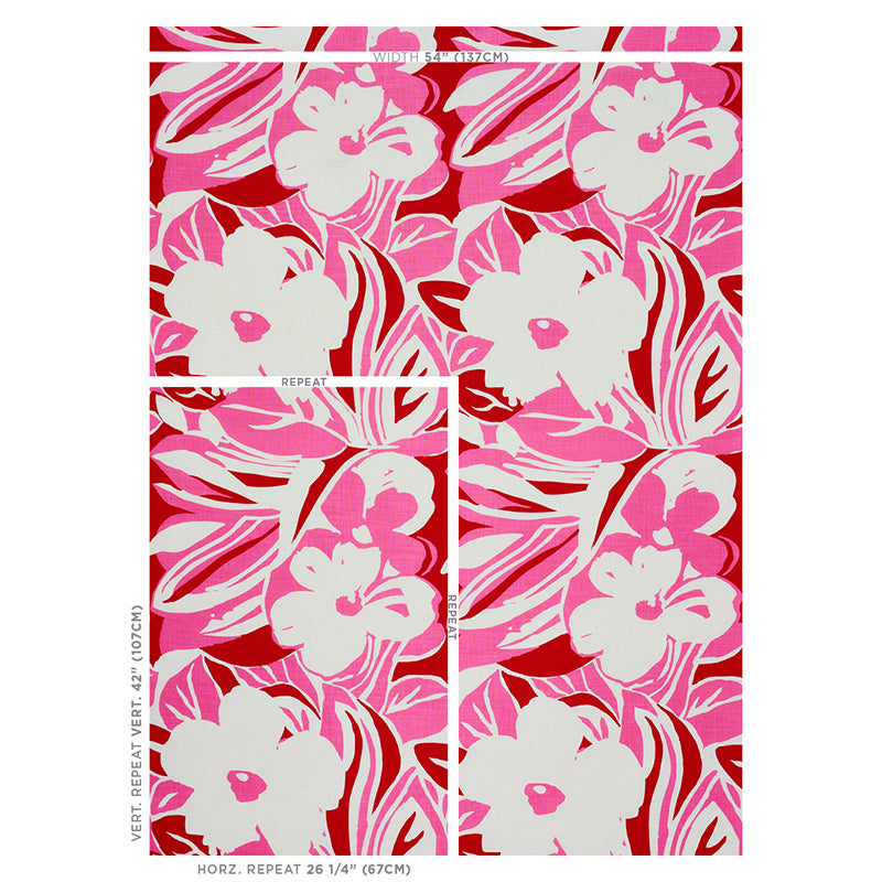 Vibrant pink and red hibiscus floral print with white flowers and tropical leaves.