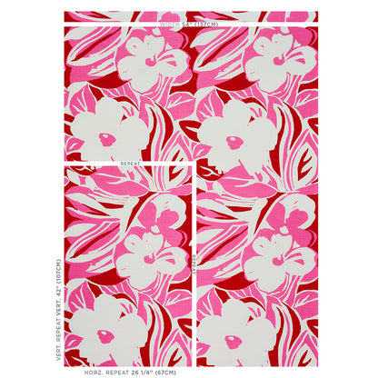 Vibrant pink and red hibiscus floral print with white flowers and tropical leaves.