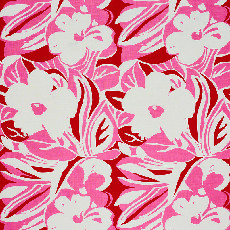 Vibrant pink and white hibiscus floral print against red; bold tropical fabric pattern with large petals.