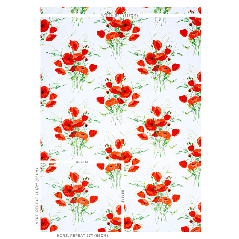 White background with bright red poppies and green stems in a repeating floral print for fabric or wallpaper.