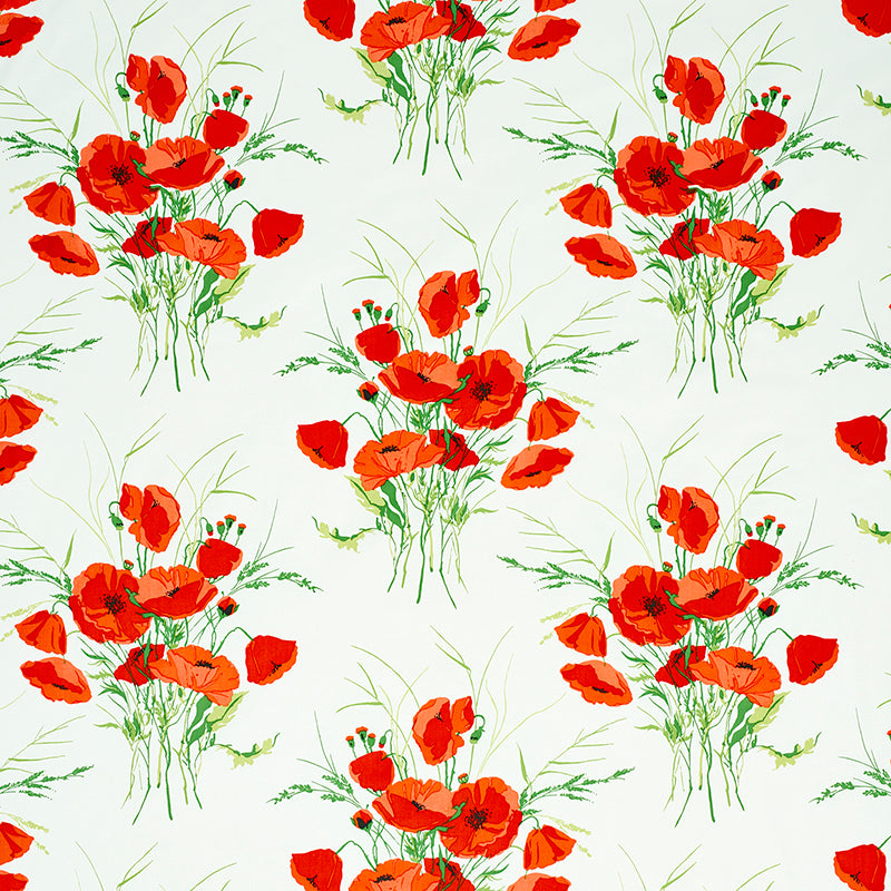 Repeating pattern of red poppies with green stems on a pale background; vibrant botanical fabric or wallpaper design.