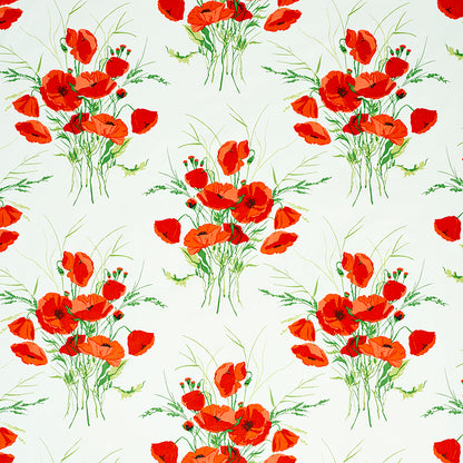 Repeating pattern of red poppies with green stems on a pale background; vibrant botanical fabric or wallpaper design.