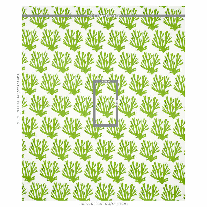 White background with repeating lime-green coral/seaweed pattern; gray framed tile hints the repeat unit.