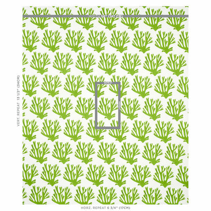 White background with repeating lime-green coral/seaweed pattern; gray framed tile hints the repeat unit.