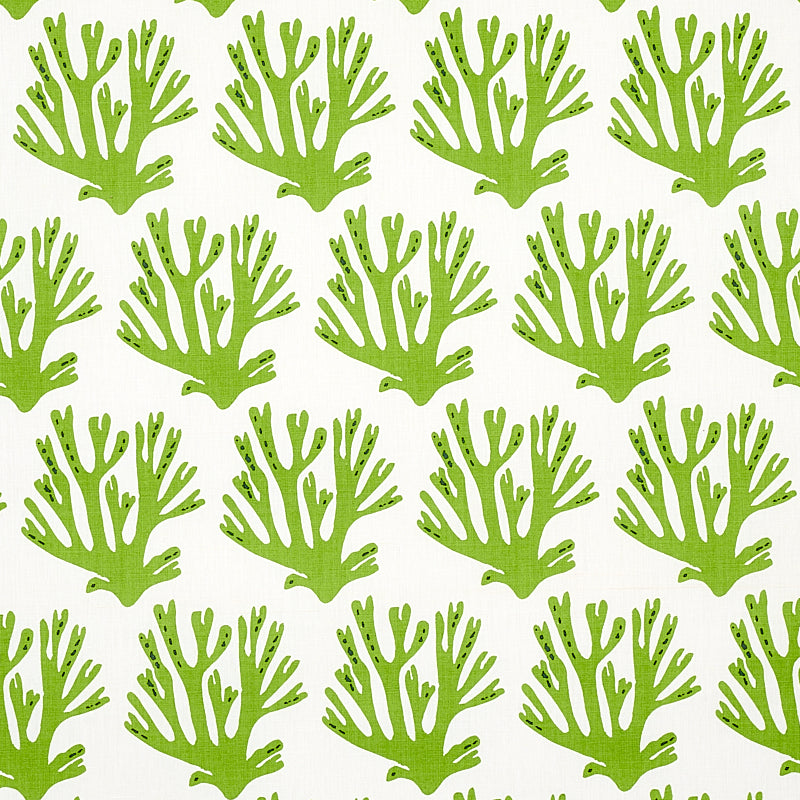 Seamless pattern of bright green coral silhouettes on white.
