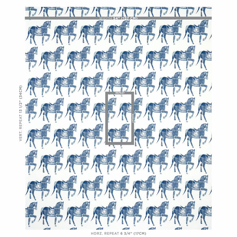 Blue horse print; repeating carousel-horse motifs for fabric/wallpaper, with a central tile view.