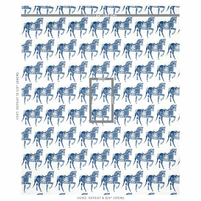 Blue horse print; repeating carousel-horse motifs for fabric/wallpaper, with a central tile view.