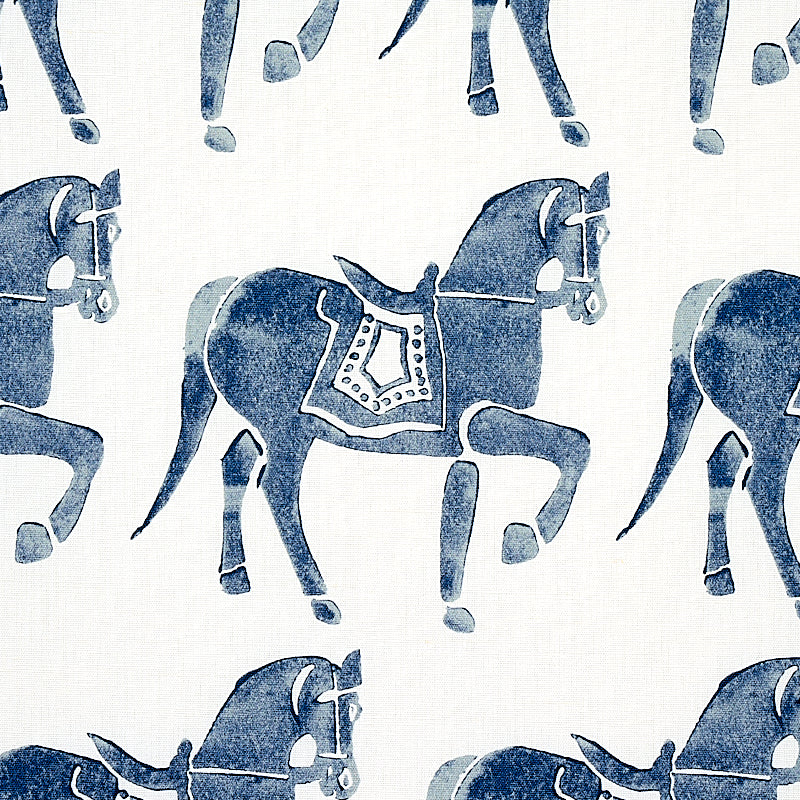 Repeating blue horse silhouettes with decorative saddles on off-white fabric.