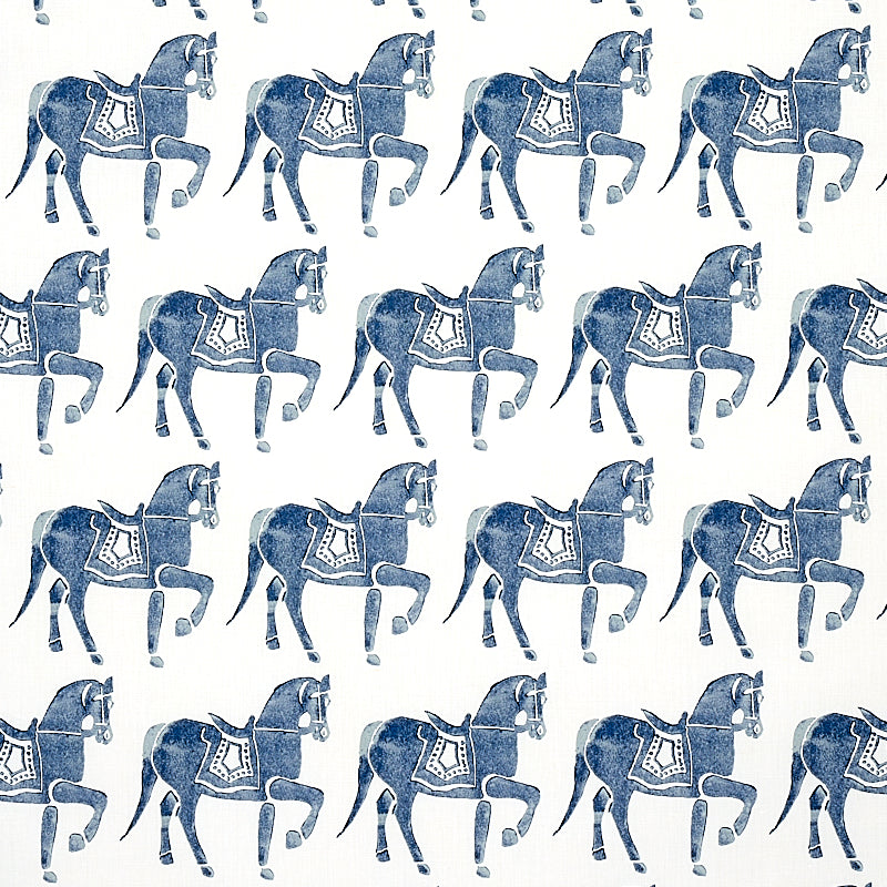 Blue rocking horse pattern repeating across white background; vintage toy/folk art style textile wallpaper.