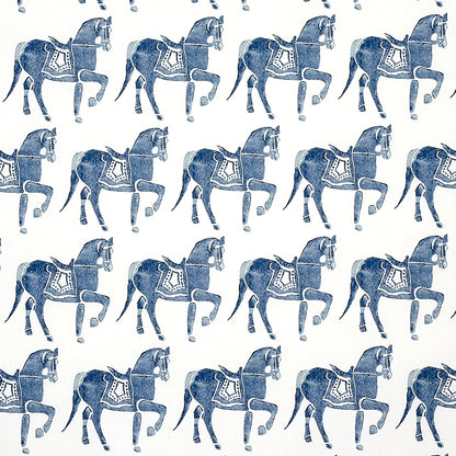 Blue rocking horse pattern repeating across white background; vintage toy/folk art style textile wallpaper.