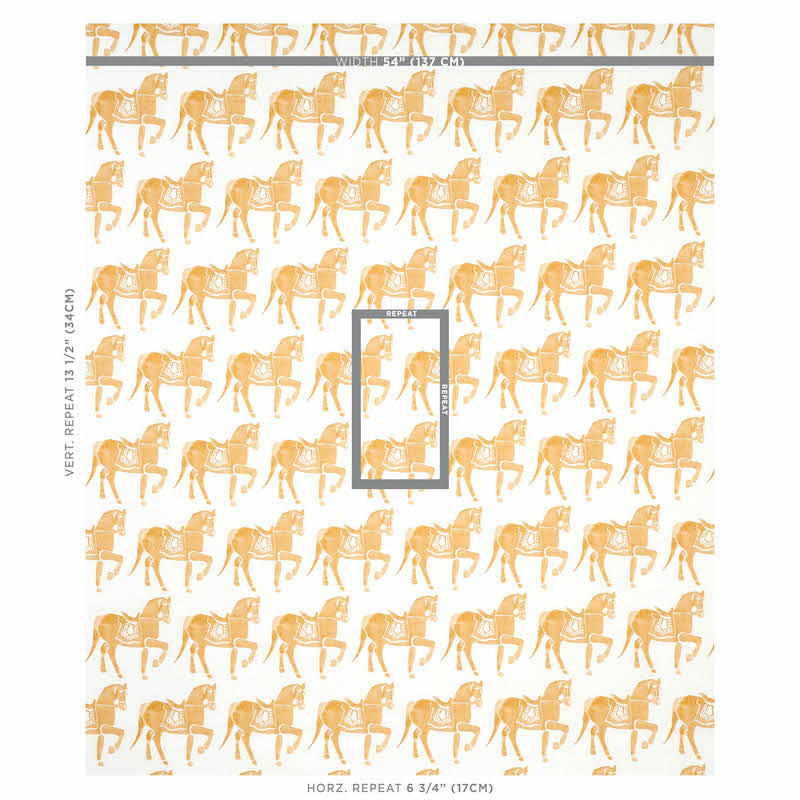 Mustard horse silhouettes repeat on white background; vintage equestrian pattern fabric.