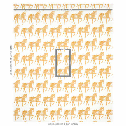 Mustard horse silhouettes repeat on white background; vintage equestrian pattern fabric.