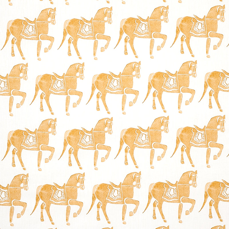 Repeating orange carousel-horse silhouettes on white background; vintage decorative fabric or wallpaper pattern.