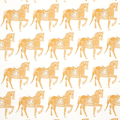 Repeating orange carousel-horse silhouettes on white background; vintage decorative fabric or wallpaper pattern.