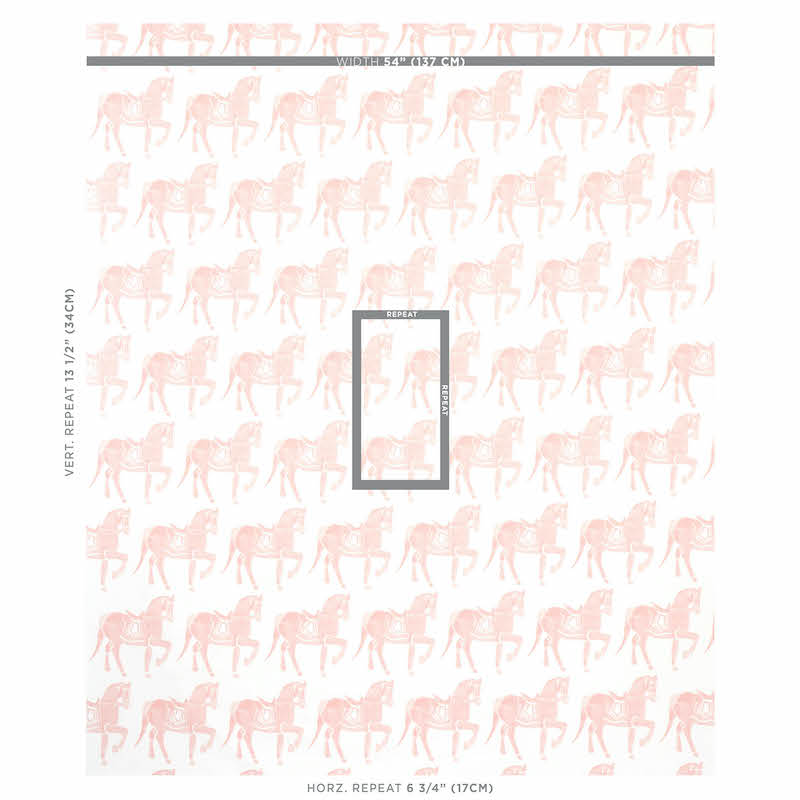 Soft pink horse-pattern wallpaper sample; repeating silhouettes with a gray frame for scale and repeat notes.