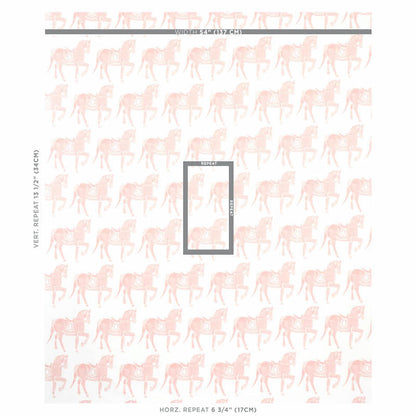 Soft pink horse-pattern wallpaper sample; repeating silhouettes with a gray frame for scale and repeat notes.