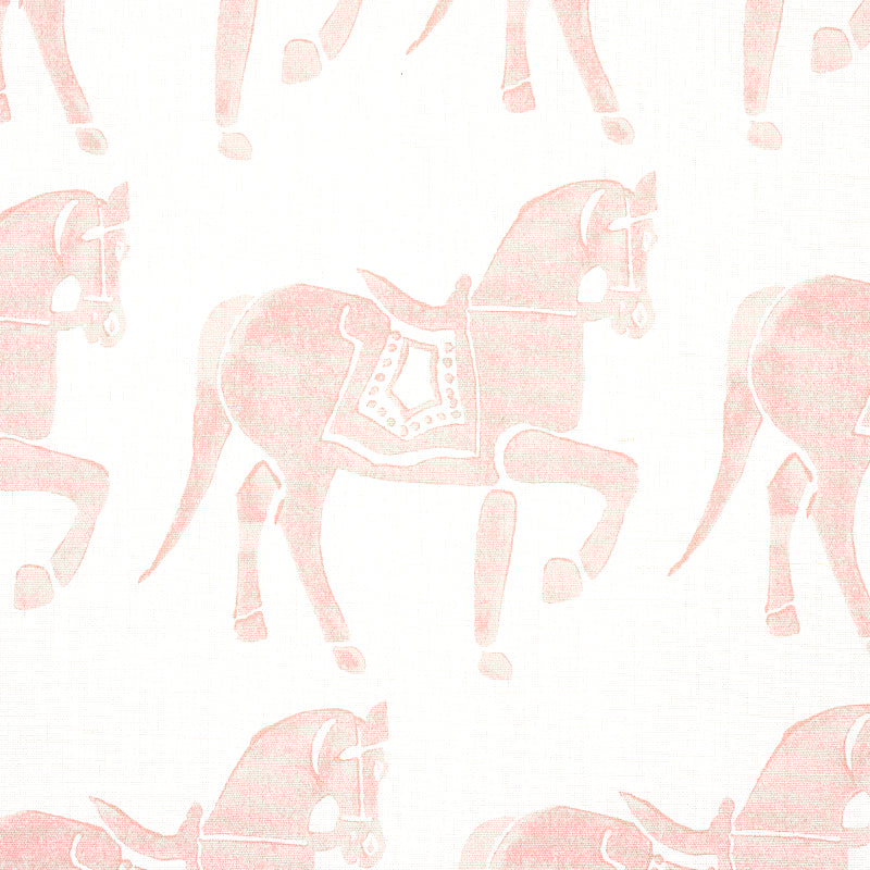 Pastel pink Marwari horse prints on cream fabric; repeating silhouettes with saddles in a decorative pattern.