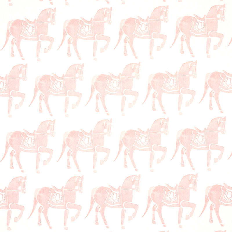 Pastel pink carousel horse pattern repeats across a light backdrop; vintage decorative textile/wall decor.