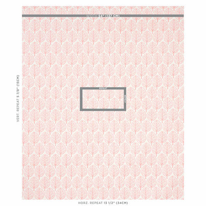 Soft pink wallpaper with pale leaf motif in a repeating pattern; delicate, modern vintage style for walls.