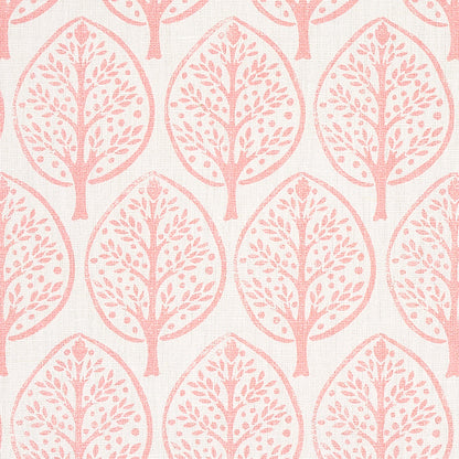 Repeating pink tree silhouettes inside teardrop frames on a light cream background.