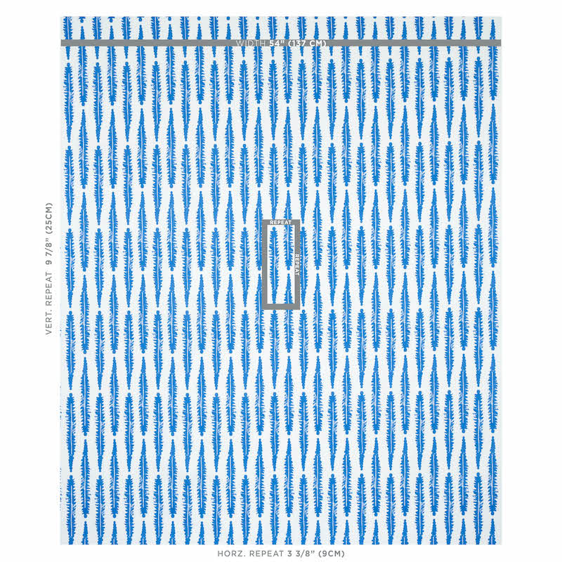 Blue and white fabric swatch with a repeating wavy vertical ikat-like pattern; edge rulers indicate pattern repeat.