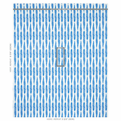 Blue and white fabric swatch with a repeating wavy vertical ikat-like pattern; edge rulers indicate pattern repeat.