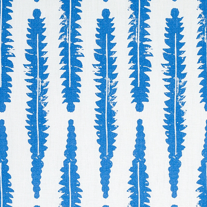 Blue vertical fern-like brush stroke pattern on white fabric; bold cobalt motifs.