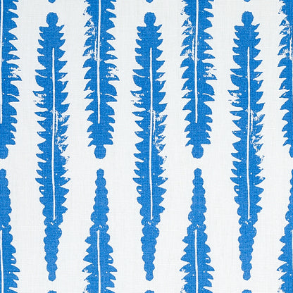 Blue vertical fern-like brush stroke pattern on white fabric; bold cobalt motifs.