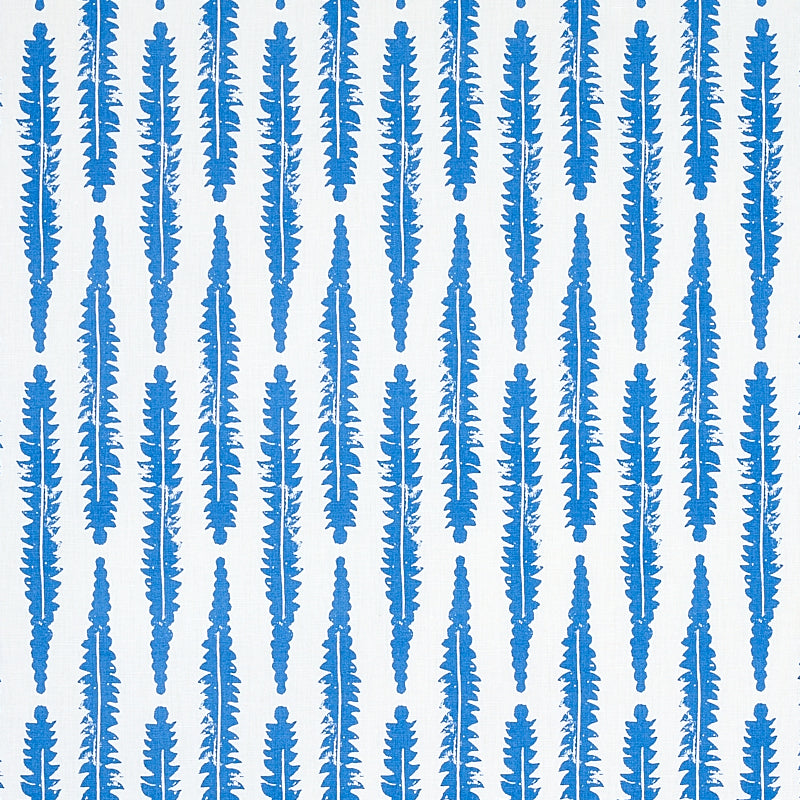 Blue fern print on white fabric; vertical pattern with a repeating leaf motif.