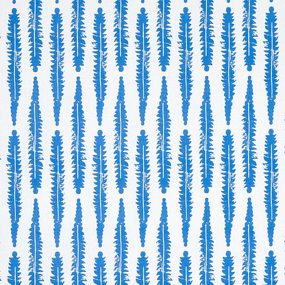 Blue fern print on white fabric; vertical pattern with a repeating leaf motif.