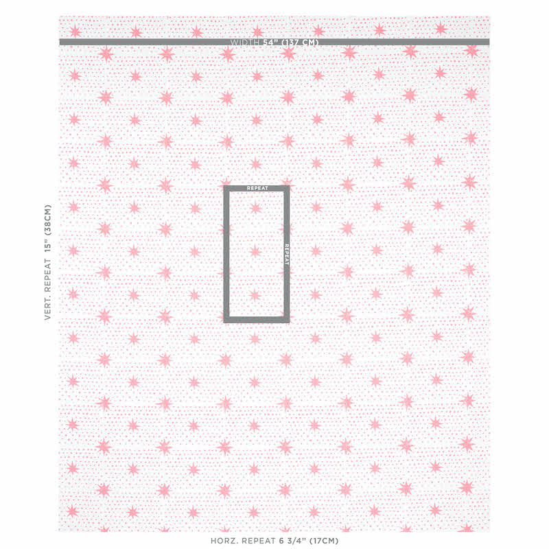 White wallpaper sample with pink starburst pattern, subtle gray dots, bordered edges for wall decor use.