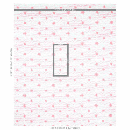 White wallpaper sample with pink starburst pattern, subtle gray dots, bordered edges for wall decor use.