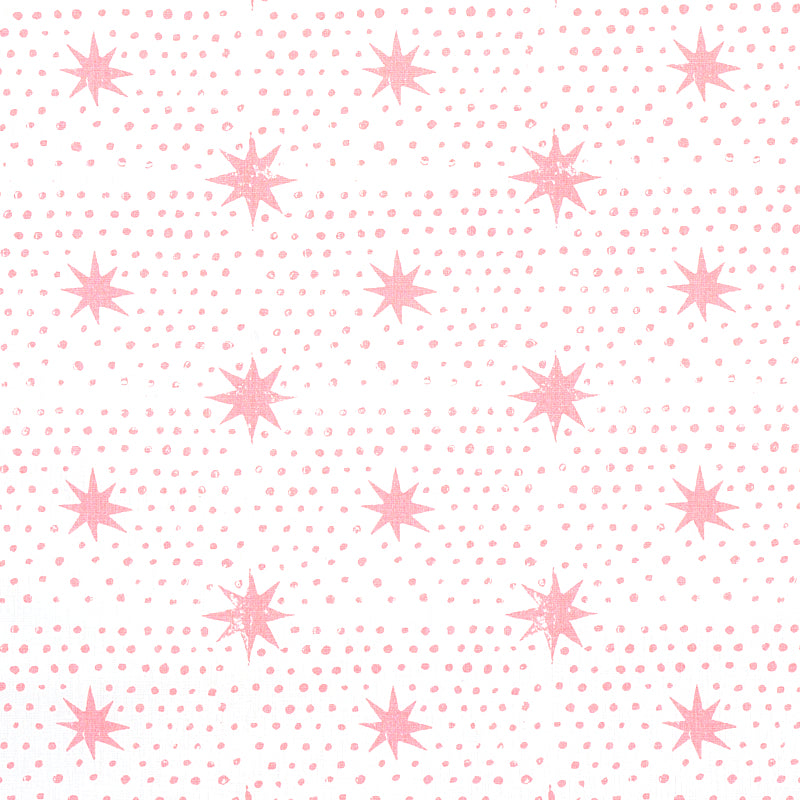 Light pink starburst print & small dots in a grid on fabric, retro pattern for apparel or decor.