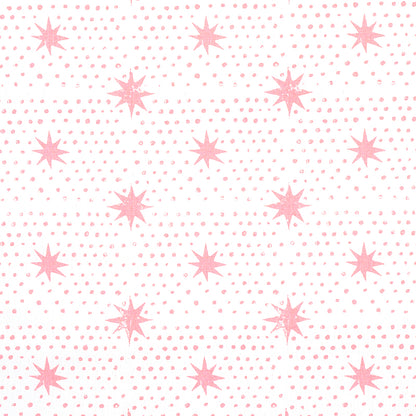 Light pink starburst print & small dots in a grid on fabric, retro pattern for apparel or decor.