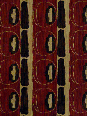 Red textile with repeating orange-edged circles and tall black vertical bars in a mid-century geometric print.