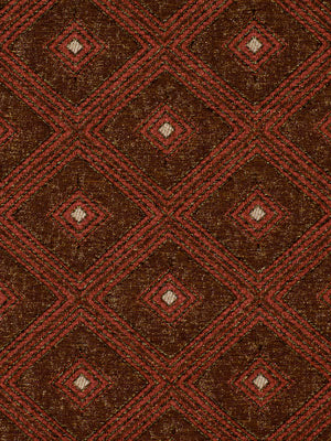 Brown woven fabric with red diamond lattice and nested diamonds; kilim-style geometric textile.
