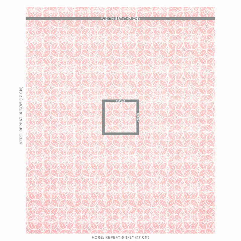 Soft pink repeating floral quatrefoil print; decorative interior wall art.