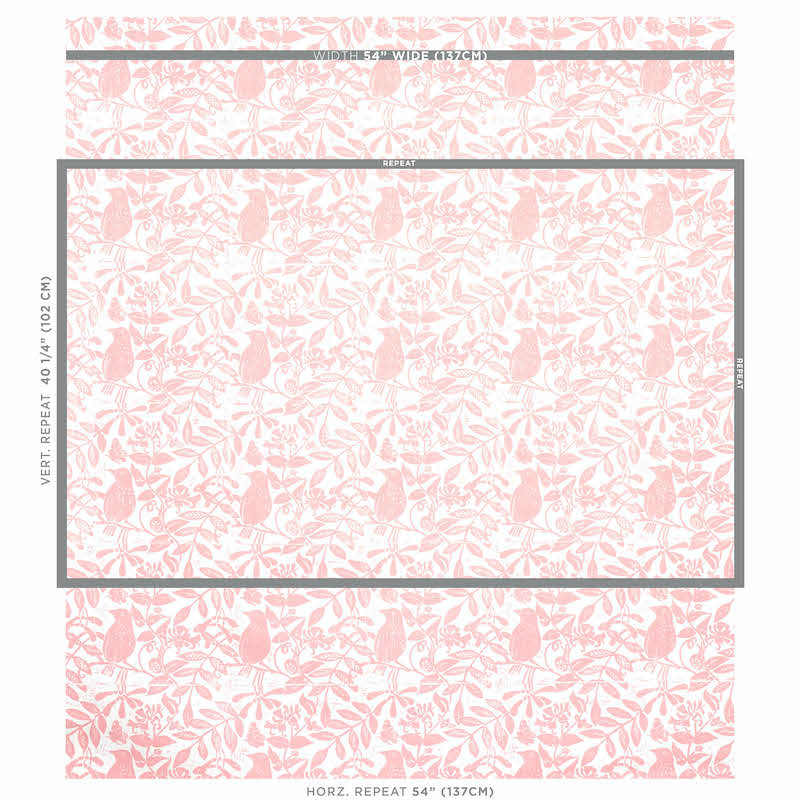 Soft pink bird & bee print with a delicate decorative motif; repeating pattern suitable for wallpaper or fabric.