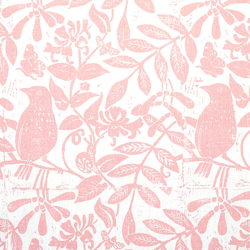 Soft pink botanical pattern with birds on branches and leaves, a repeating floral design for wallpaper or fabric.