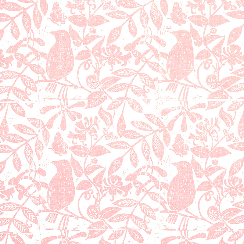 Pink botanical pattern with birds perched on branches and leaves, repeating damask-style design.